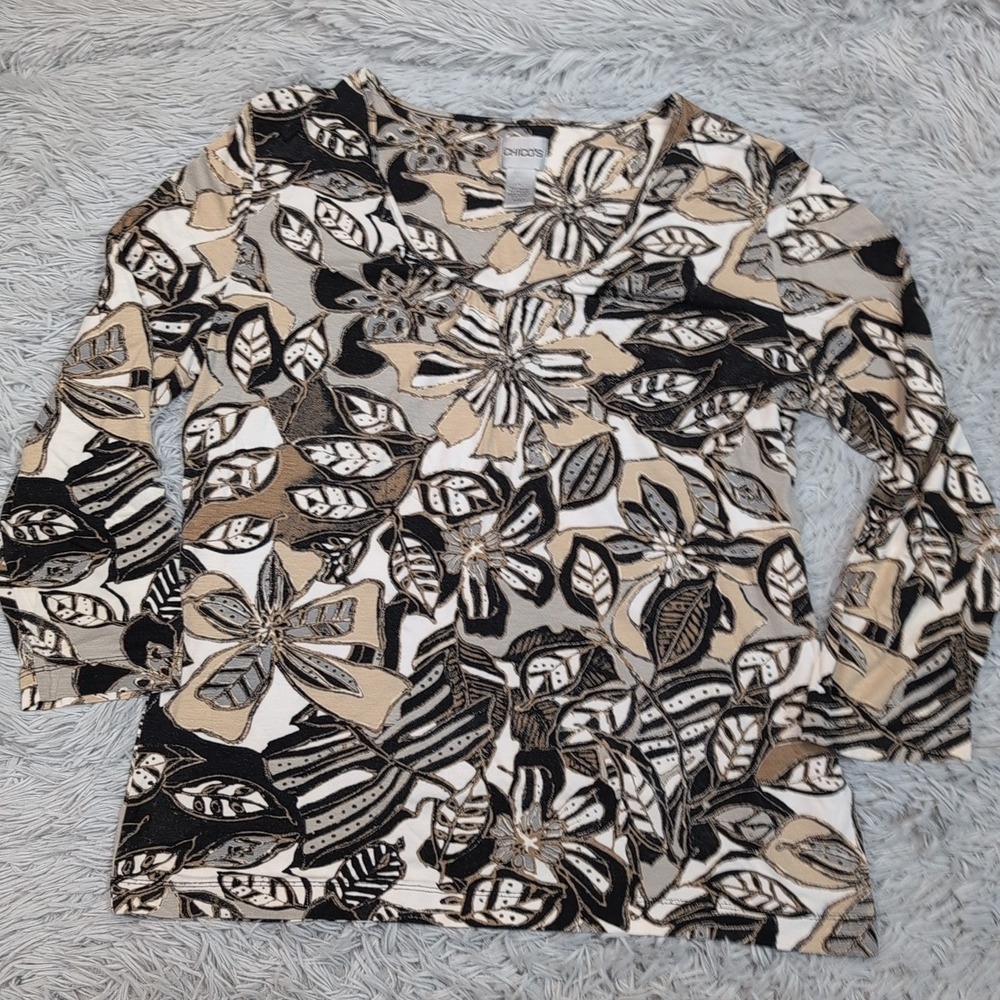 Chico's Shirt Womens 2 Multicolor Floral Top Soft Comfy Casual Lightweight